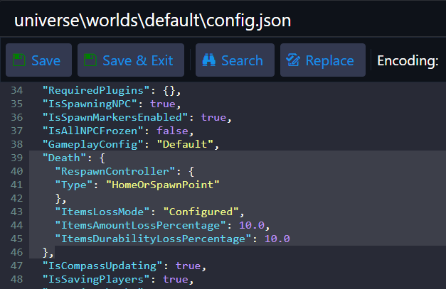 config.json met het Death-blok ingeplakt na de GameplayConfig-regel