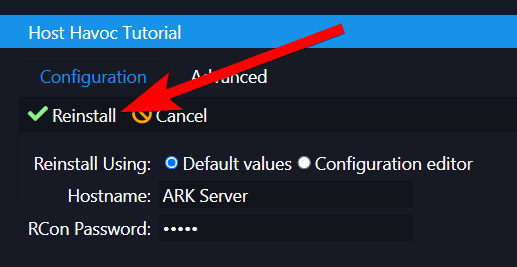 Confirmação de uma reinstalação de ARK com Default values selecionado