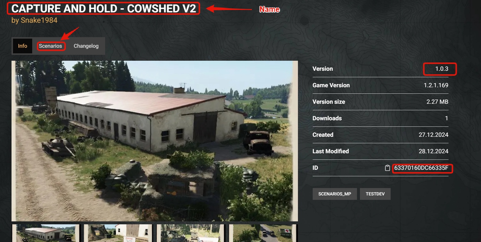 Arma Reforger Workshop mod page with the Scenarios tab open
