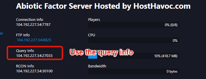 Steam favorites dialog showing Query Info address entered for an Abiotic Factor server
