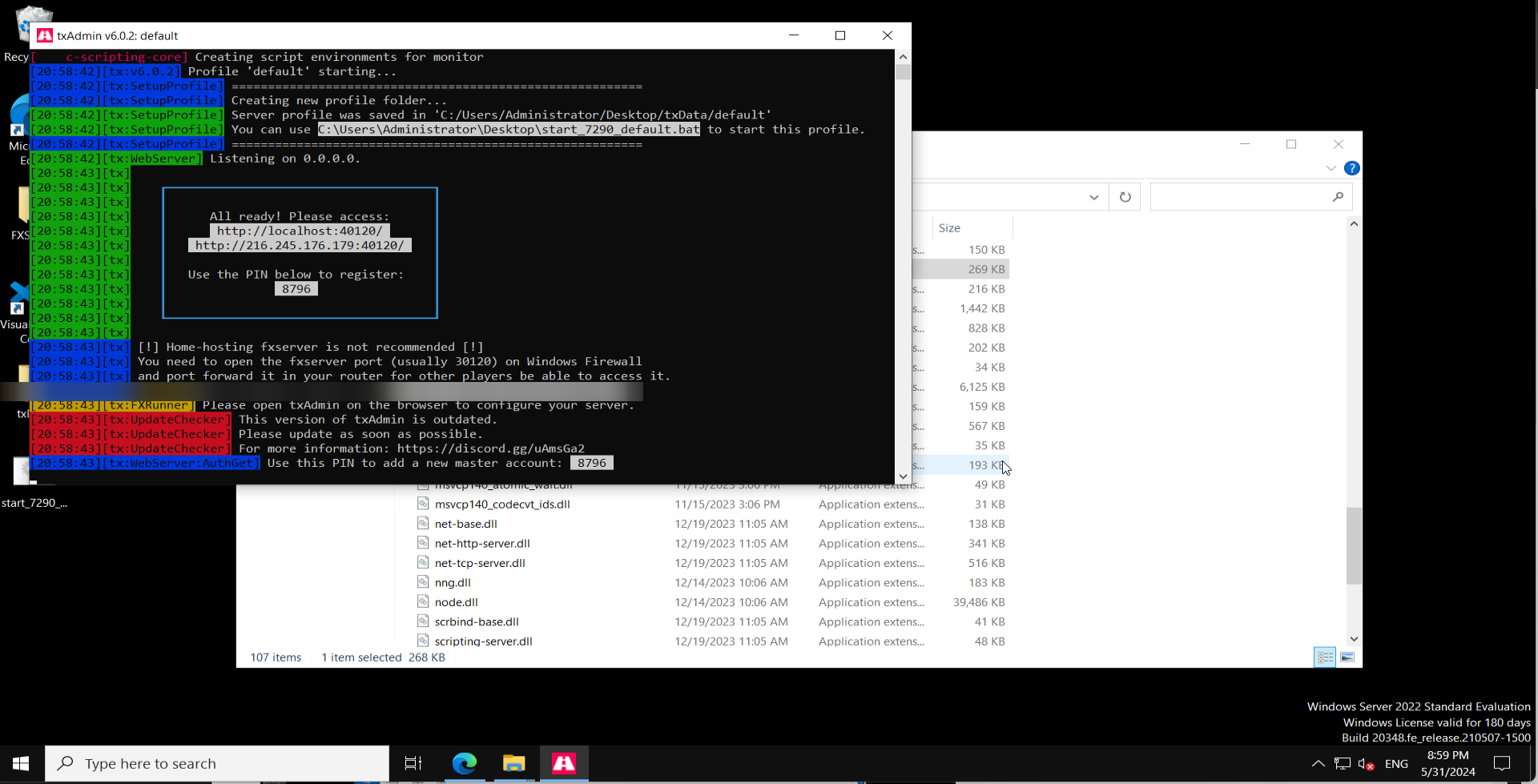 txAdmin setup PIN screen