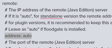 Geyser config.yml showing the remote address option set to auto