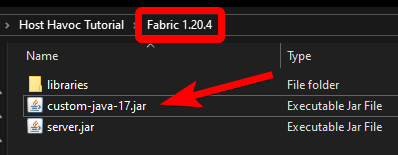 File Explorer showing fabric-server-launch.jar renamed according to the Minecraft version
