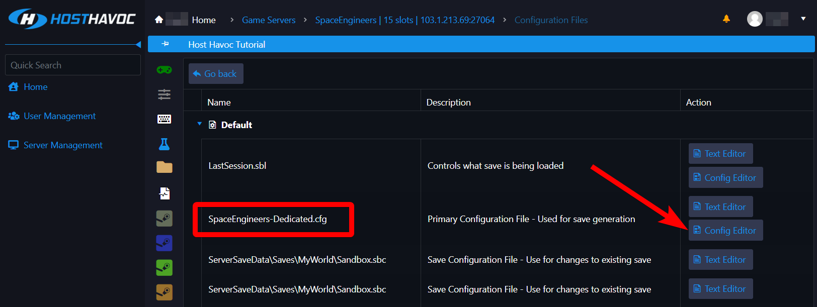 SpaceEngineers-Dedicated.cfg aberto no Config Editor