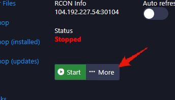 The ...More button shown to the right of the server start, stop, and restart controls