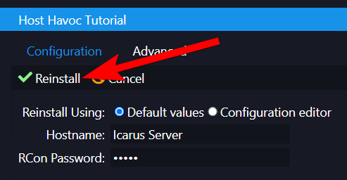 The Reinstall confirmation dialog with the Default Values option selected