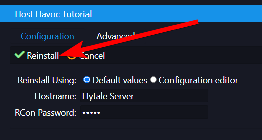Reinstall confirmation dialog with the Reinstall button and Default values option