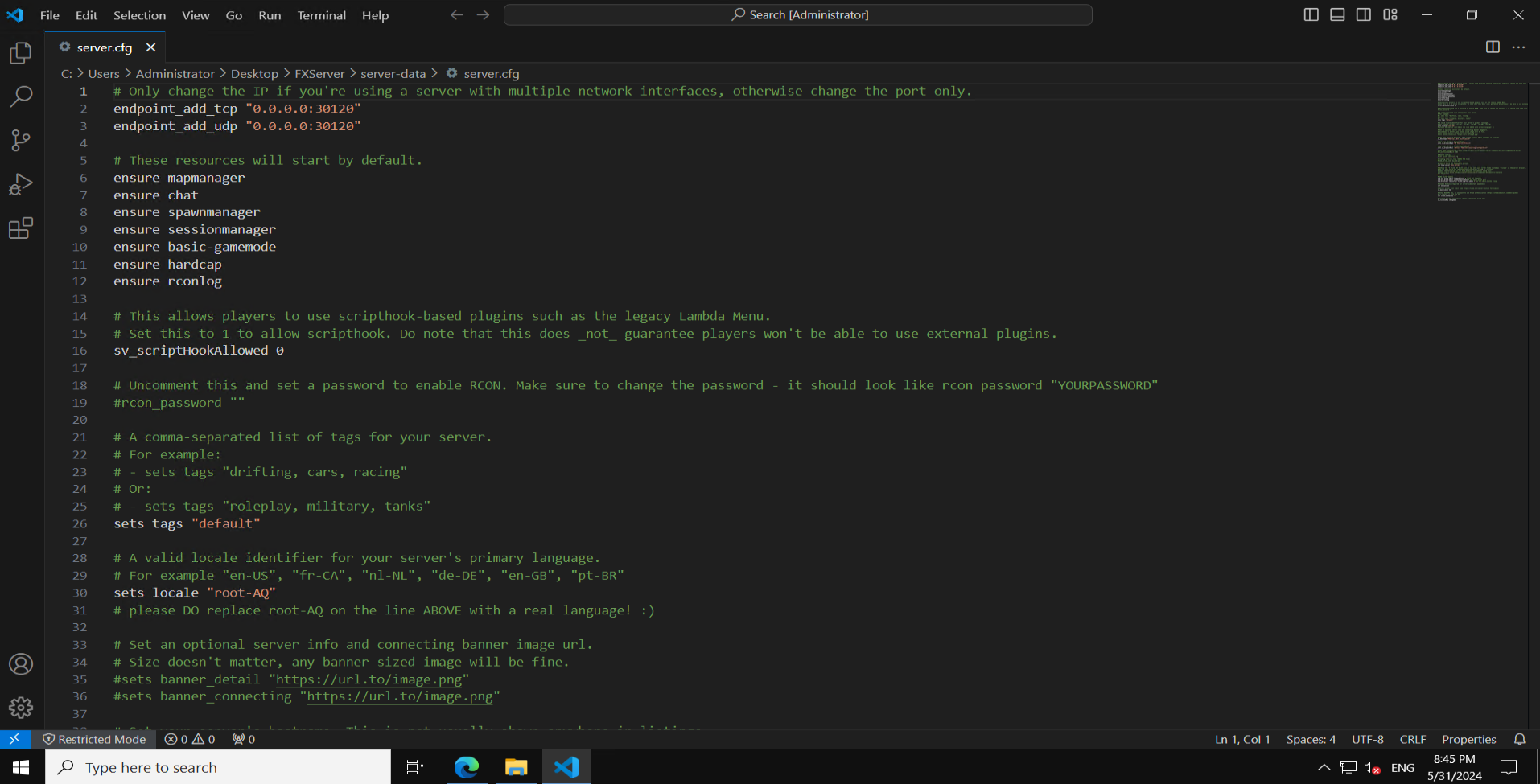 Reviewing server.cfg in a text editor