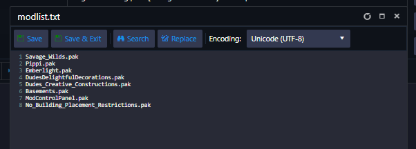 Example modlist.txt showing mod entries ordered top to bottom