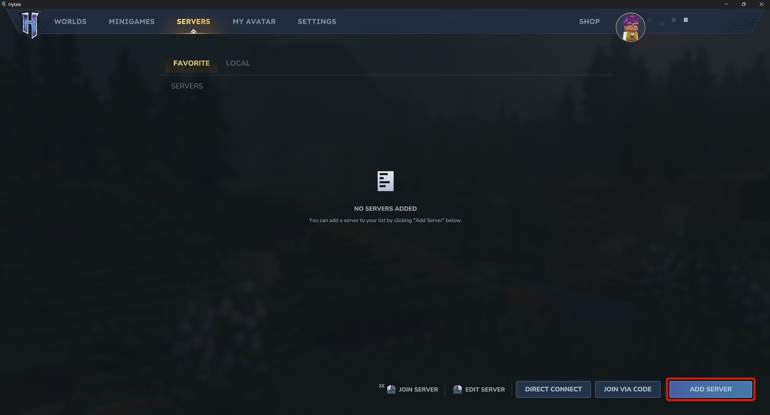 Hytale-hoofdmenu met de knop Servers gemarkeerd