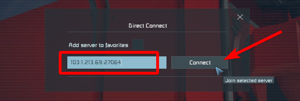 Diálogo Direct Connect com as informações de conexão coladas e o botão Connect