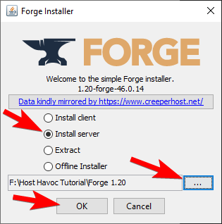 Forge 1.18+ installer showing Install server option with folder selection and OK button
