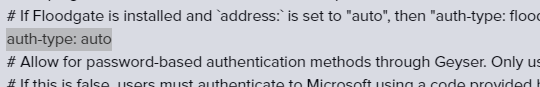 Geyser config.yml showing auth-type set to auto