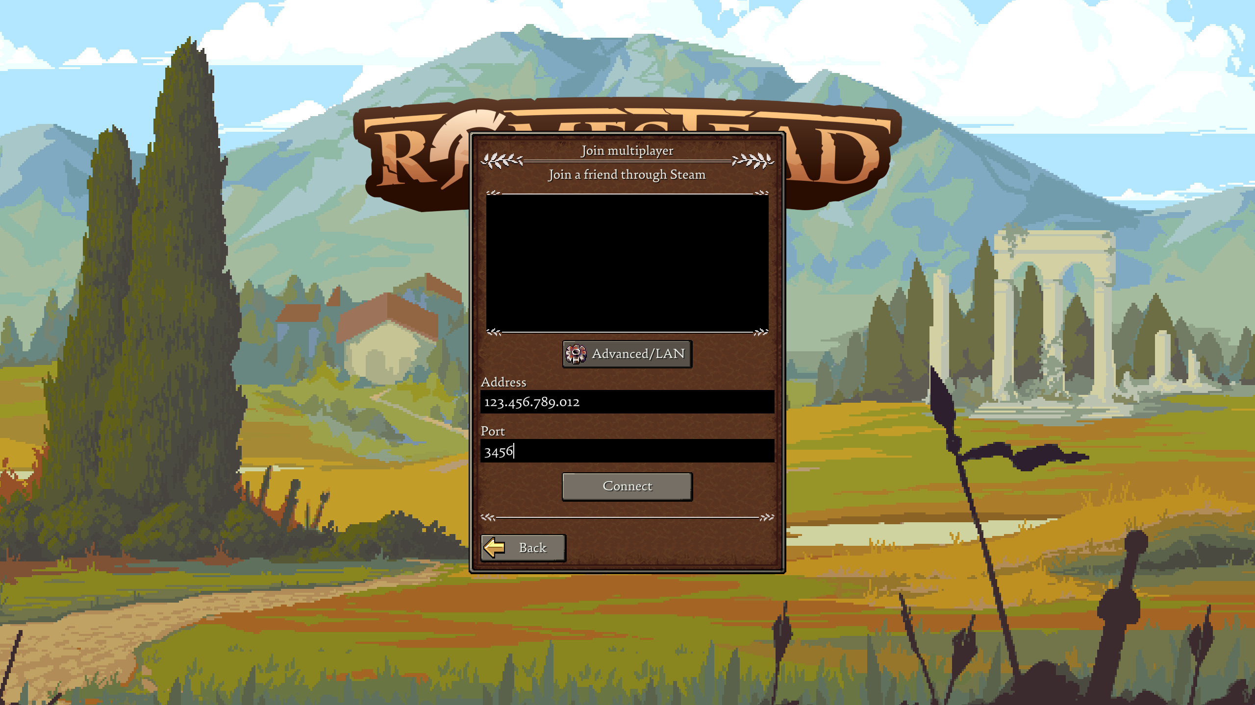 Romestead direct connect fields showing IP and port entry
