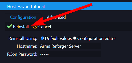 Reinstall confirmation dialog with Default values selected