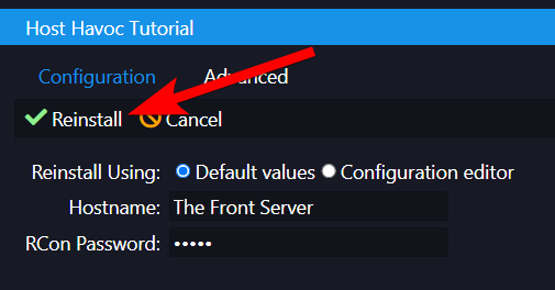 Reinstall confirmation dialog with Default values option selected