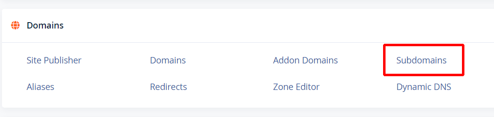 De optie Subdomains in cPanel gemarkeerd in de zoekresultaten