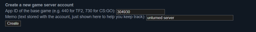 Formulario de creación de cuenta de servidor de juego de Steam con el App ID 304930 introducido para Unturned