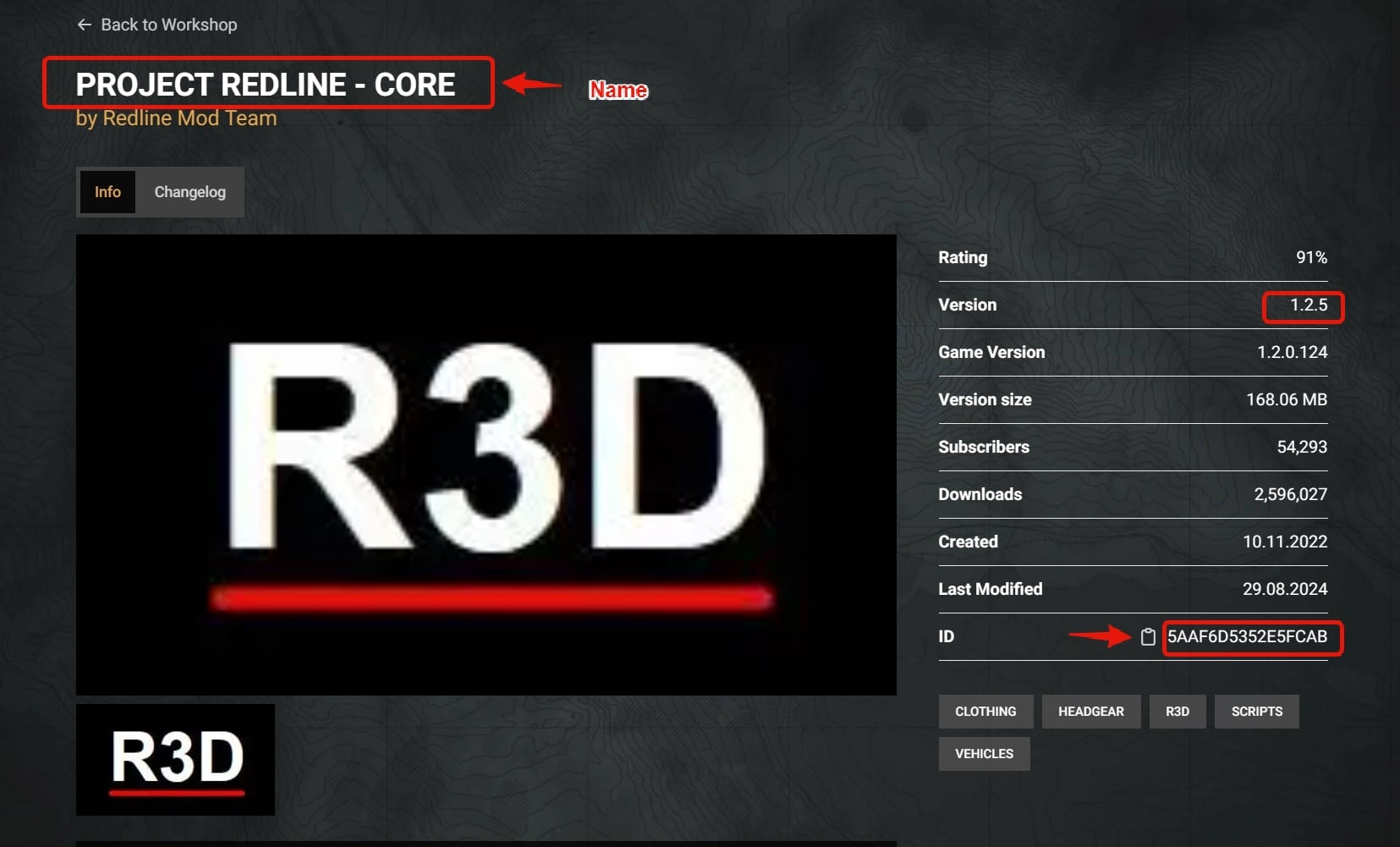 Arma Reforger Workshop page showing mod Name, ID, and Version fields