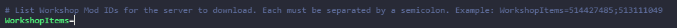 Text Editor showing WorkshopItems line in servertest.ini