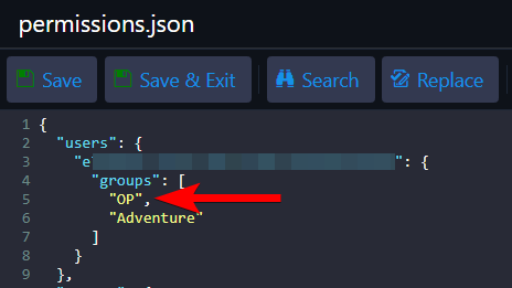 permissions.json geopend in de teksteditor met de OP-groepsregel van de doelspeler zichtbaar