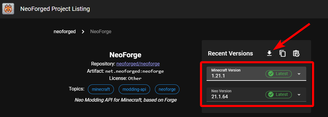NeoForge download page showing available versions