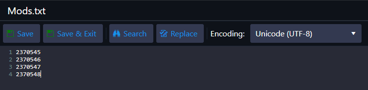 Mods.txt geopend in Configuration Files met mod-ID's per regel vermeld