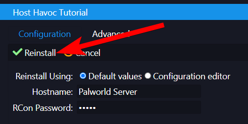 Reinstall confirmation dialog with Default values option selected