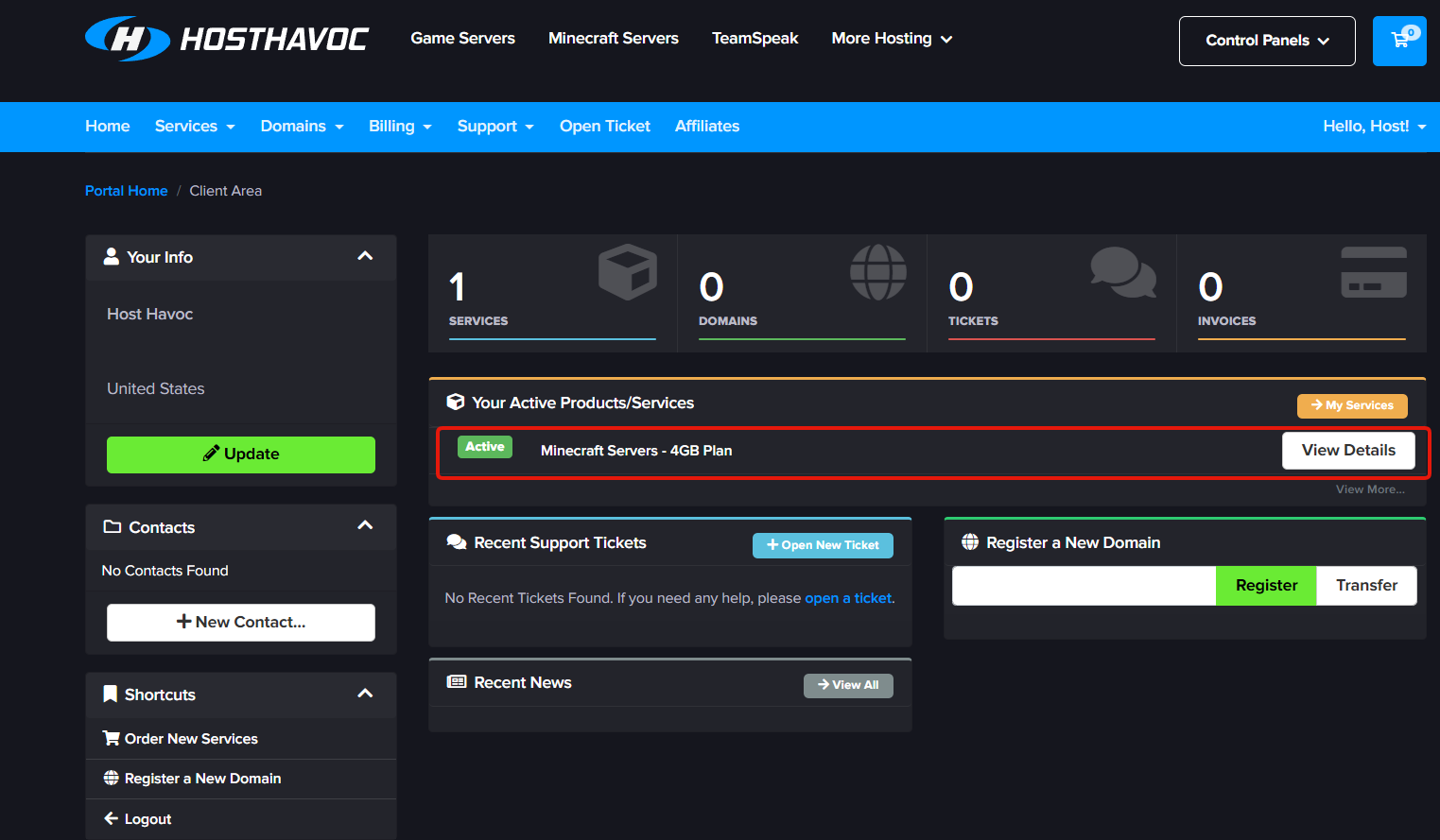 Host Havoc billing portal showing an active Minecraft service in the services list