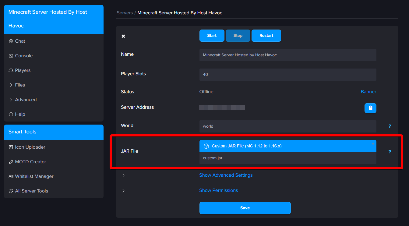 Multicraft JAR File dropdown showing Custom Jar File options for different MC versions