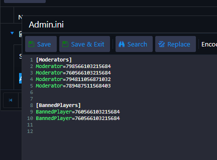 Admin.ini file showing the Moderators section with a Moderator= line added