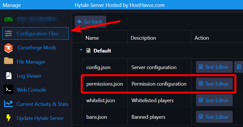Pagina Configuration Files met de knop Text Editor naast permissions.json