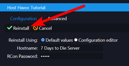Reinstall confirmation dialog with Default values selected