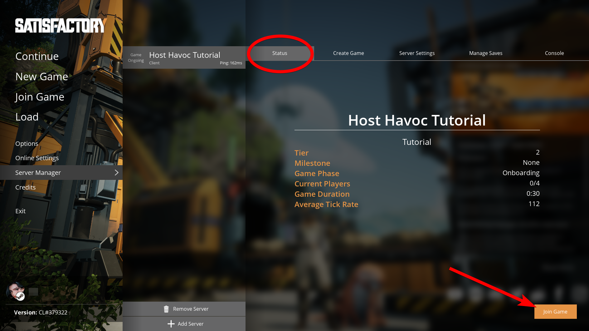 Server Status tab with Join Game button in the lower right