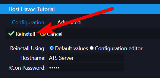 Reinstall confirmation dialog with Default values option selected