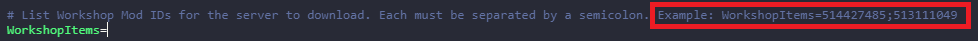 Text Editor showing example WorkshopItems value to delete