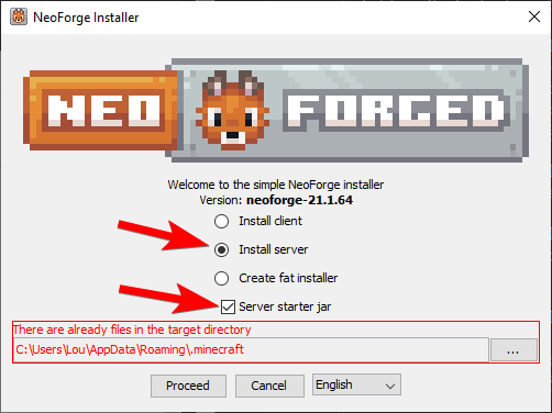 NeoForge installer with Install server selected and Server starter jar checkbox checked