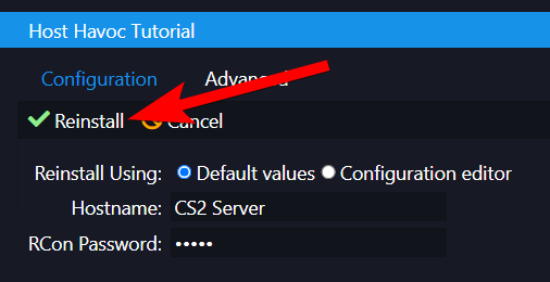 The reinstall confirmation screen with Default values selected and the Reinstall button highlighted