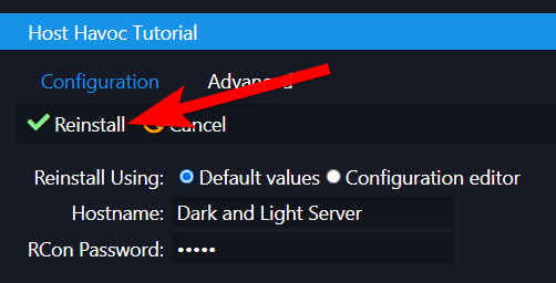 Reinstall confirmation screen with Default values option selected