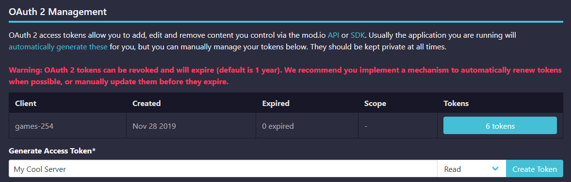 Mod.io gebruikersmenu met de optie API Access gemarkeerd