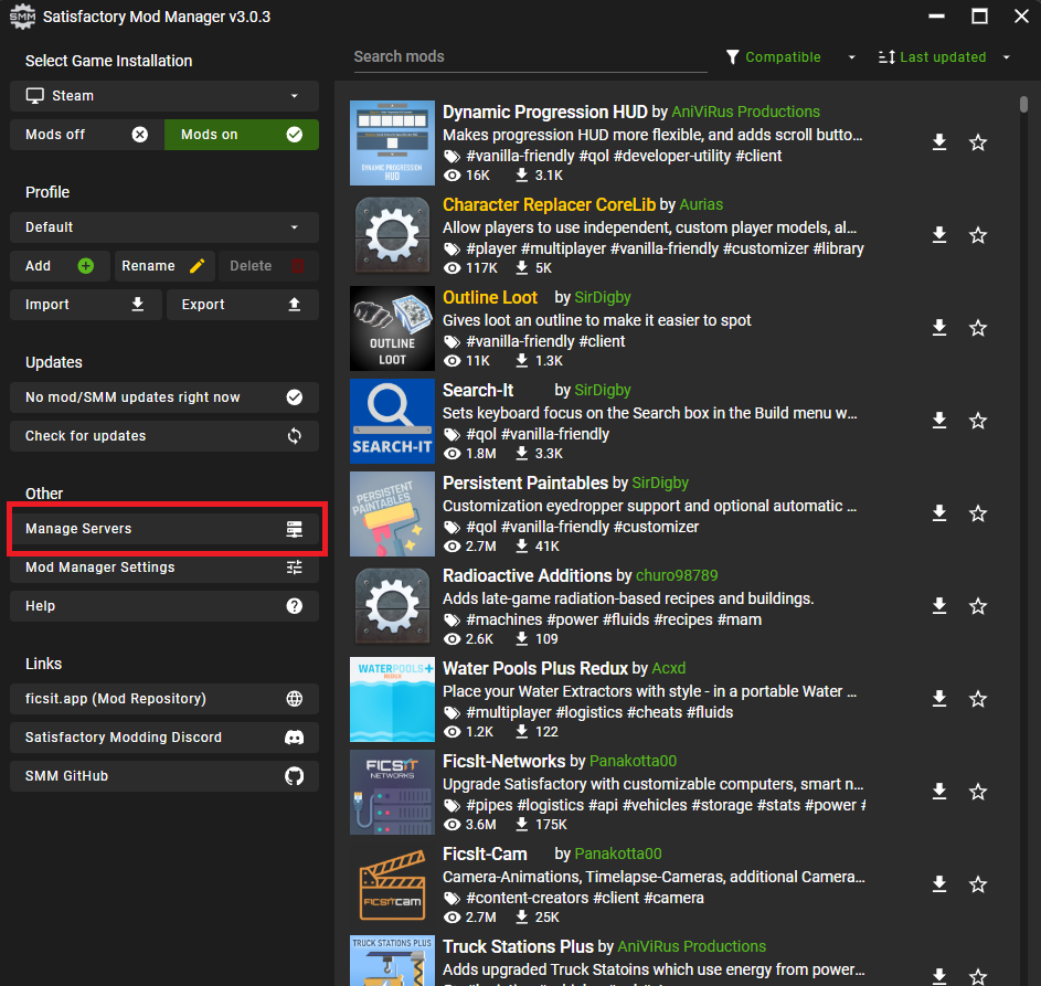Satisfactory Mod Manager mostrando a seção Manage Servers no painel esquerdo