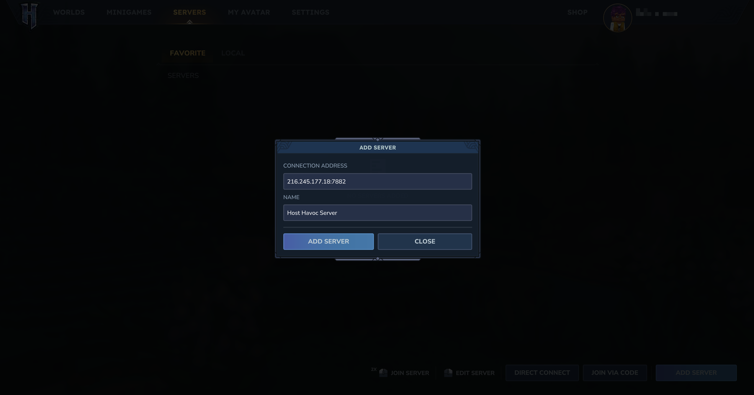 Hytale Servers-scherm met de knop Add Server