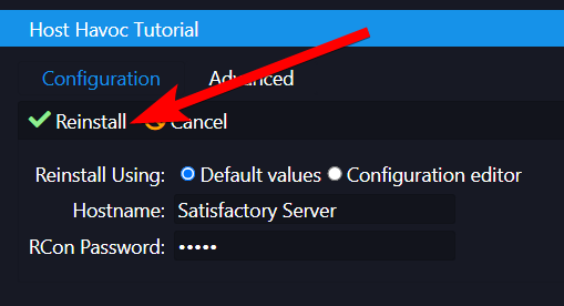 Reinstall confirmation dialog with Default values option selected