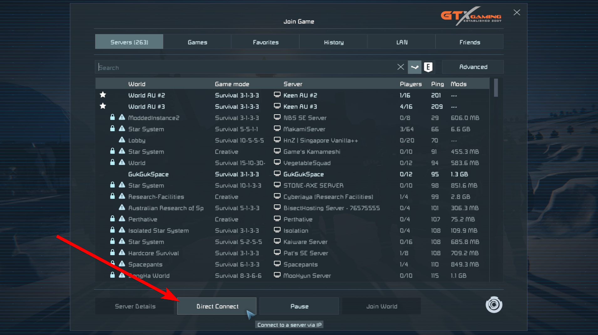 Tela Join Game mostrando a opção Direct Connect
