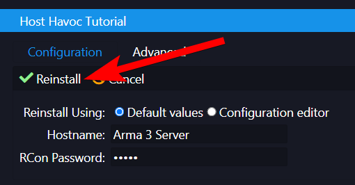 Reinstall confirmation dialog with Default values selected