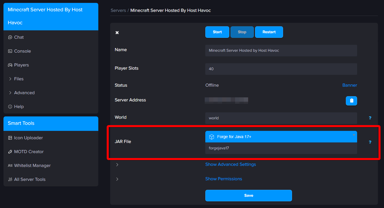 Multicraft JAR File dropdown with Forge for Java 17+ selected