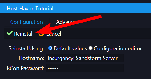 Bevestigingsscherm voor herinstallatie met de optie Default values geselecteerd