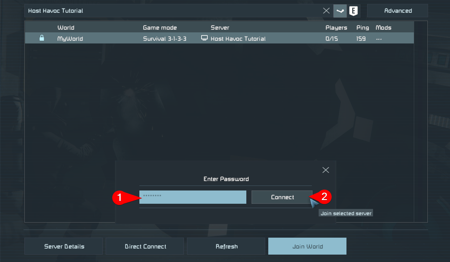 Pop-up de inserção de senha com o botão Connect