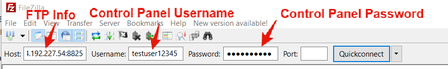 FileZilla Username and Password fields filled in