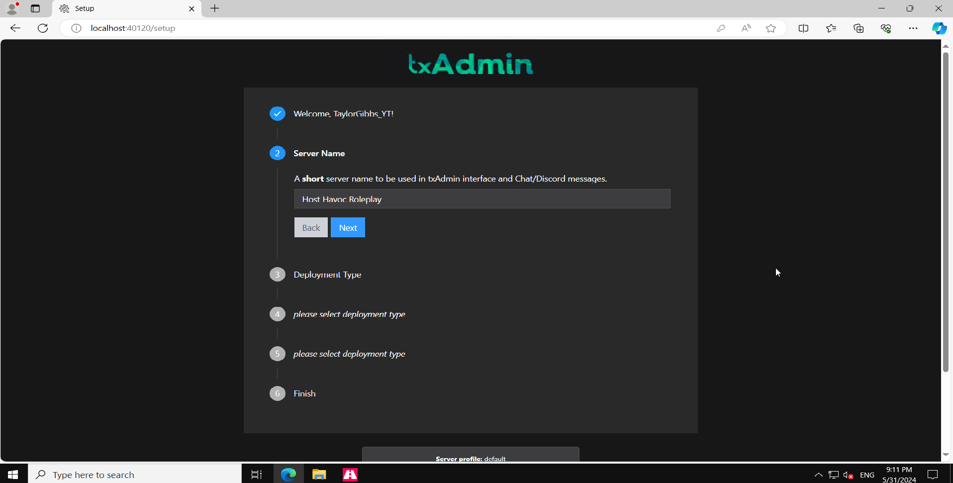 Creating the txAdmin admin account